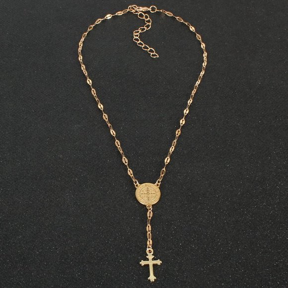 3/$35 Gold Tone Rosary Style Y-Drop Chain Necklace Cross Charm Dainty Jewelry - Picture 7 of 7